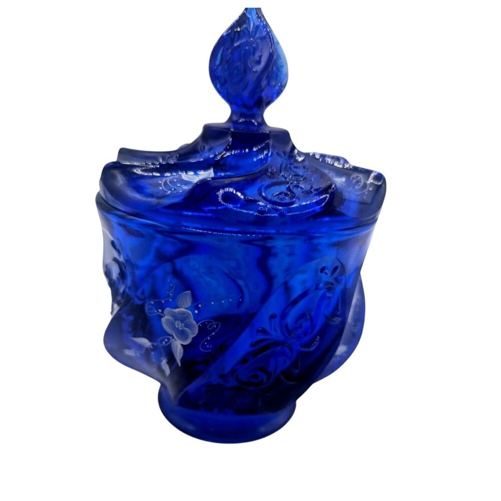 Fenton Glass HP Artist Signed Cobalt Blue Paisley Swirl Candy Jar & Lid - Picture 2 of 16
